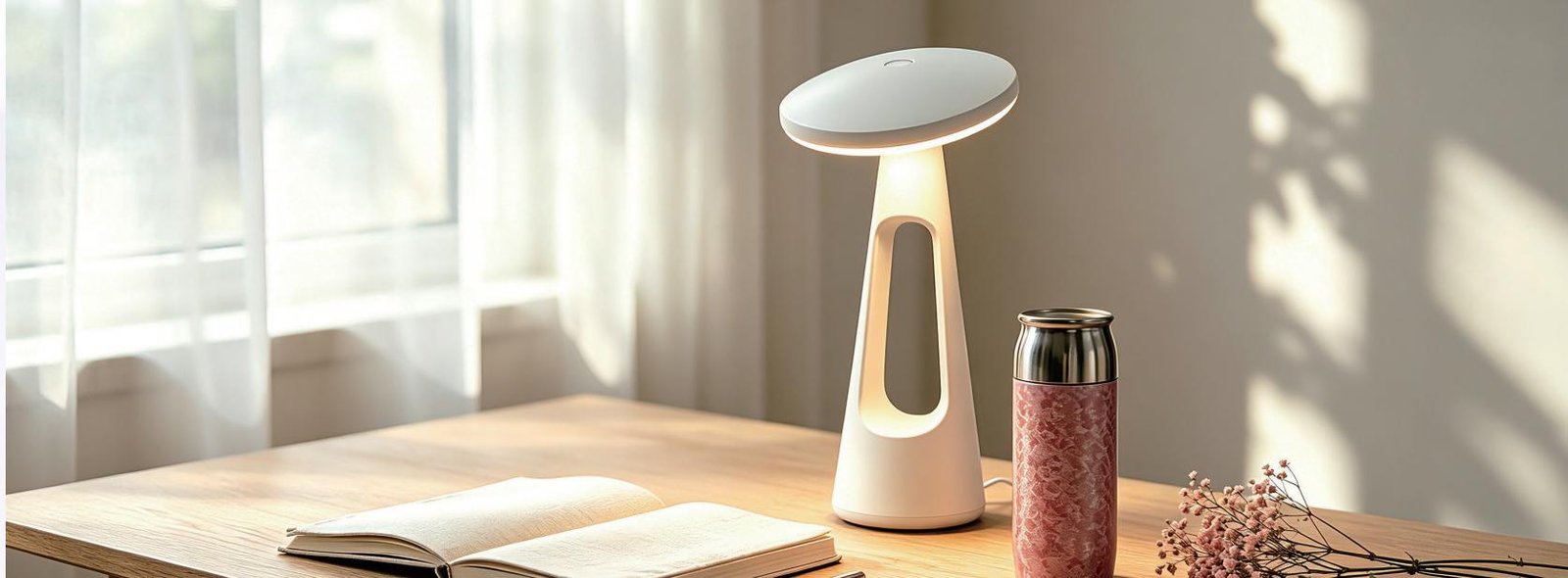 Custom titanium cup and ambient lamp in a warm interior